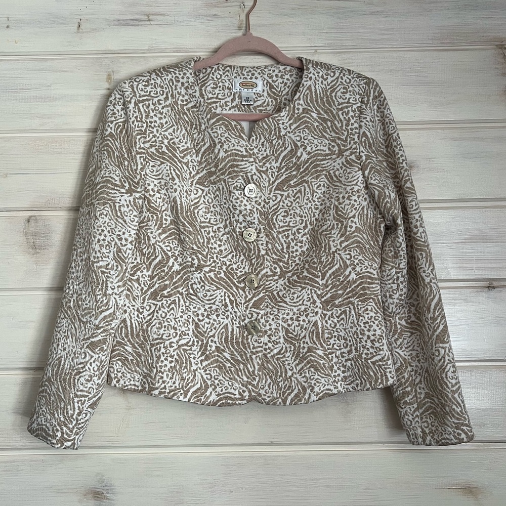 Talbots Beige White Abstract Long Sleeve Formal Evening Jacket 100% Silk Size 10